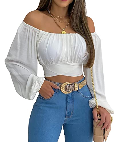 MIRACMODA Woman Off Shoulder Ruched Tie Back Crop Top Summer